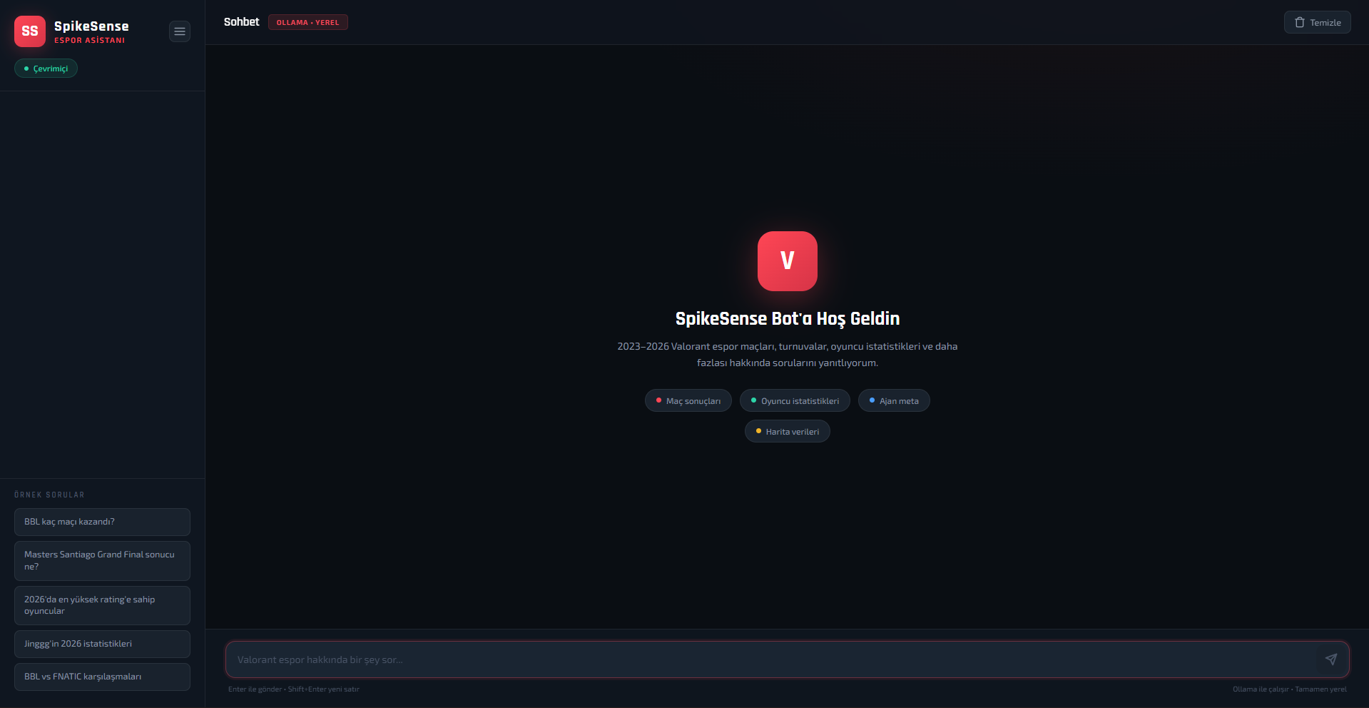 ValoChatbot sohbet arayüzü